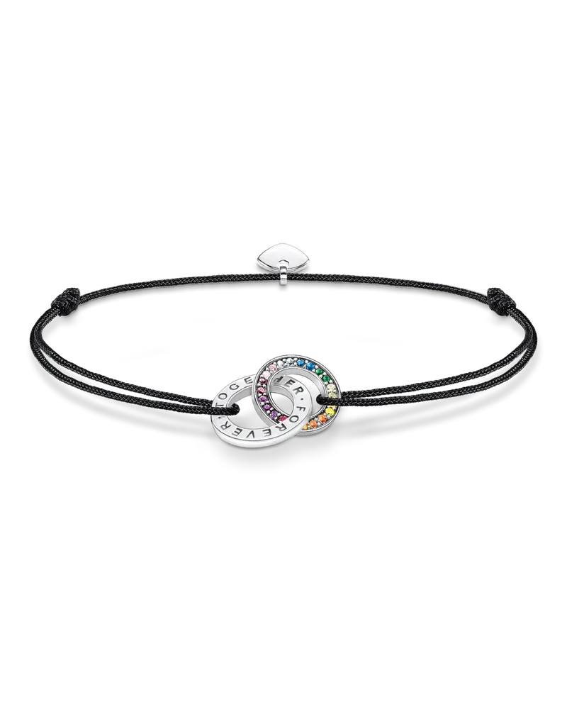 Thomas Sabo Damen Textilarmband schwarz mit zwei Ringen bunten Steinen Silber geschwärzt, Sterlingsilber geschwärzt Blau