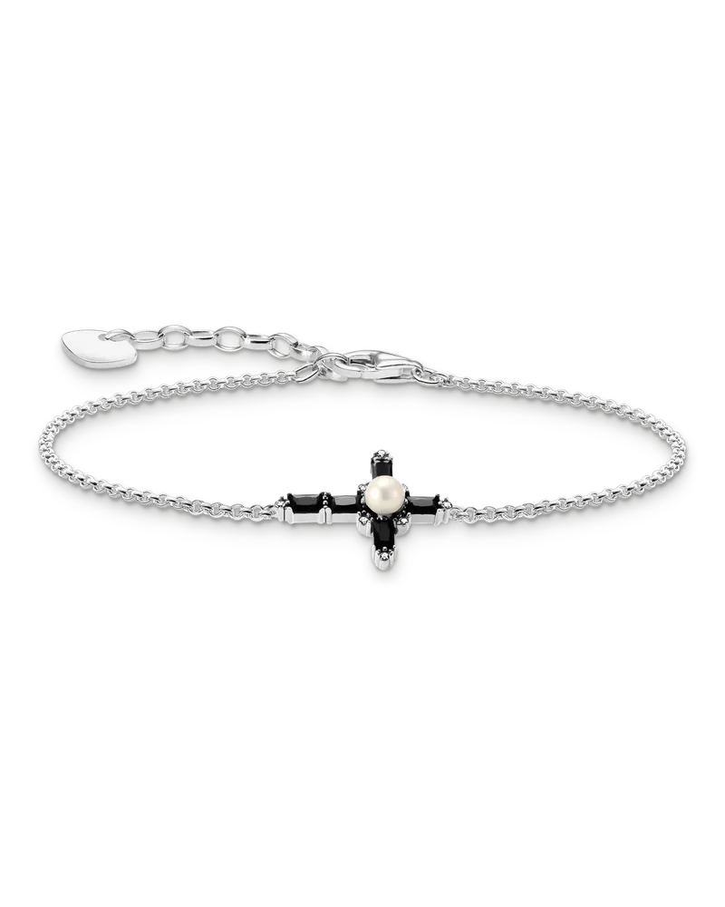 Thomas Sabo Damen Armband mit schwarzen Steinen Kreuz Cross Romance Silber, Sterlingsilber Schwarz