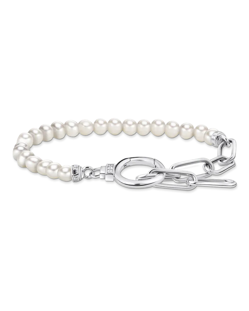 Thomas Sabo Damen Armband aus Perlen und Ankerelementen mit weißen Steinen Silber, Sterlingsilber Silberfarben