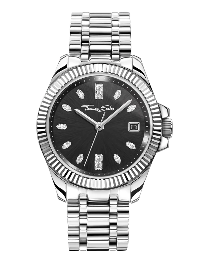 Thomas Sabo Damen Damenuhr Divine Silver mit schwarzem Zifferblatt und weißen Steinen Silber, Edelstahl Schwarz