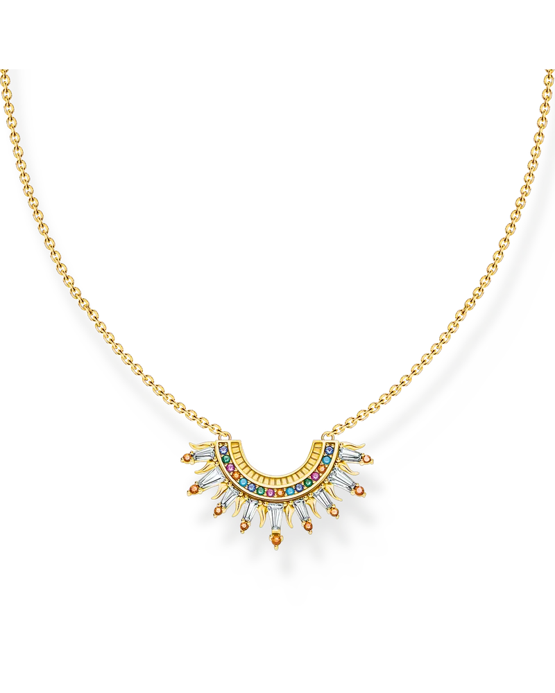 Thomas Sabo Damen Kette mit Sonnenstrahlen und bunten Steinen vergoldet, 925 Sterlingsilber vergoldet Gelbgold/ Glas-Keramik Stein/ synthetischer Korund/ Zirkonia, Charming Collection Blau