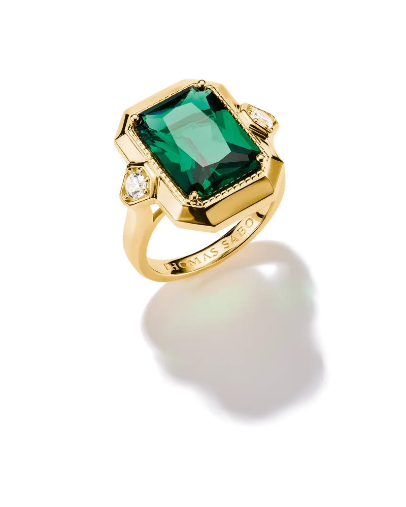 Thomas Sabo Damen Ring  Grüner Zirkoniastein  Elyndra 18k Vergoldung, Sterlingsilber Gelbgold vergoldet Gelbgoldfarben