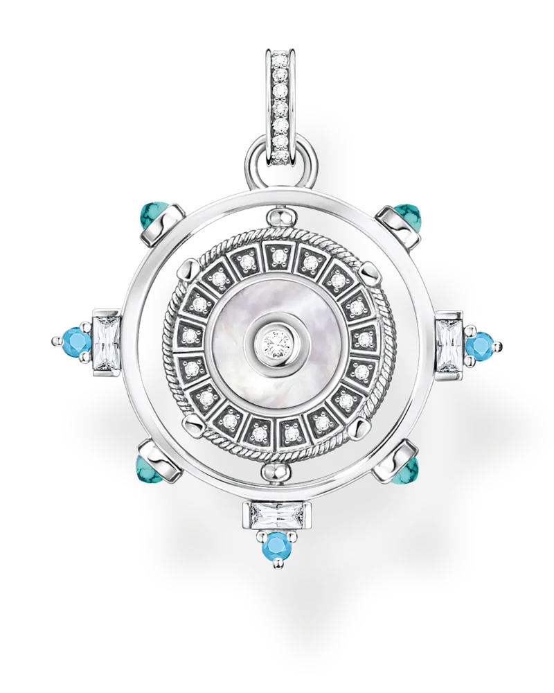 Thomas Sabo Damen Anhänger drehbar mit Perlmutt und türkisen Steinen Silber, Sterlingsilber geschwärzt Silberfarben