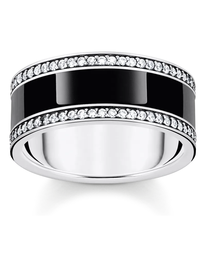 Thomas Sabo Damen Bandring mit schwarzer Kaltemaille und weißen Steinen Silber geschwärzt, Sterlingsilber Schwarz
