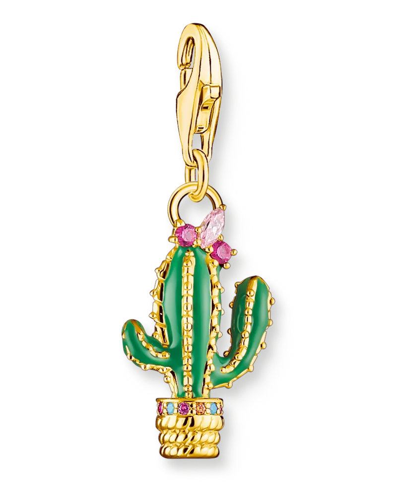 Thomas Sabo Damen Charm-Anhänger grüner Kaktus vergoldet, 925 Sterlingsilber vergoldet Gelbgold/ Glas-Keramik Stein/ Kaltemail/ synthetischer Korund/ Zirkonia, Charm Club Collection Gelbgoldfarben
