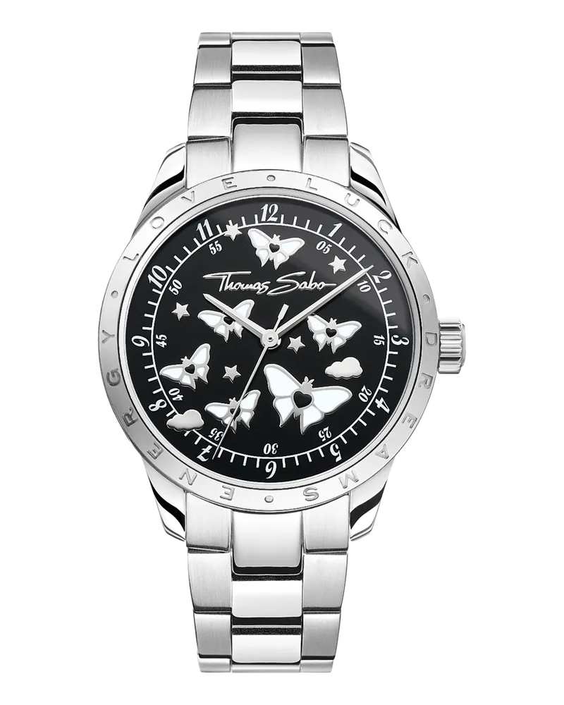 Thomas Sabo Damen Damenuhr mit Schmetterlingen silberfarben, Edelstahl Schwarz