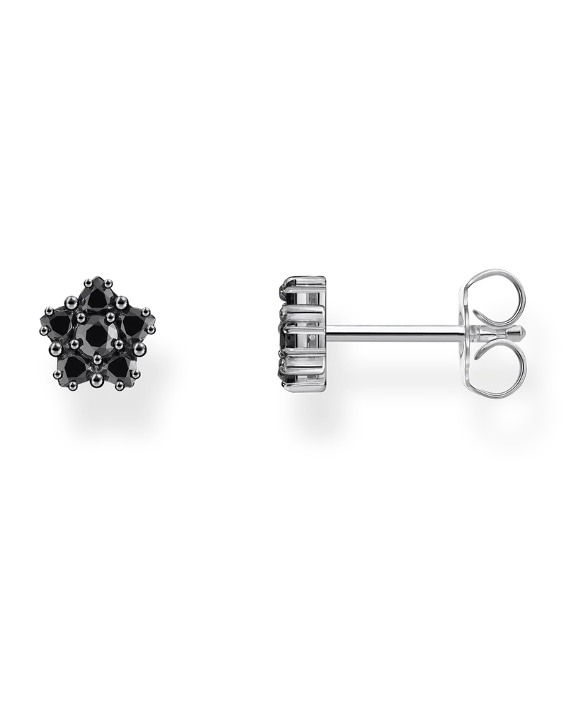 Thomas Sabo Damen Ohrstecker in floralem Design mit schwarzen Steinen Silber geschwärzt, Sterlingsilber Schwarz