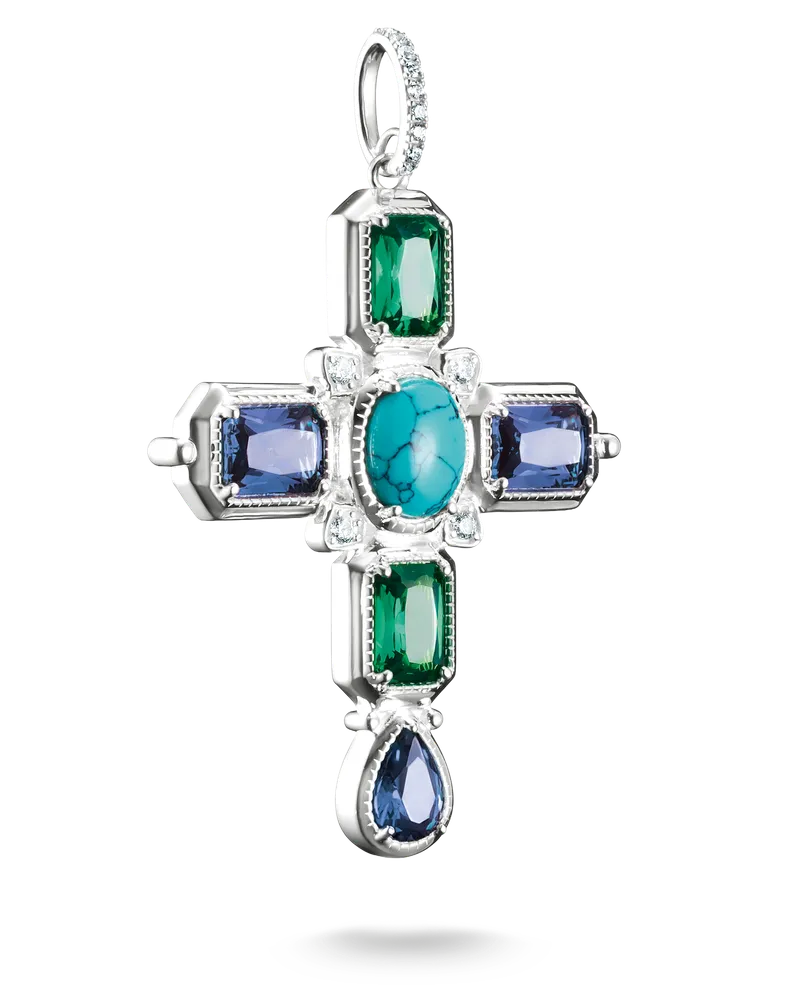 Thomas Sabo Damen Kreuzanhänger mit mehrfarbigen Steinen Silber, Sterlingsilber Blau