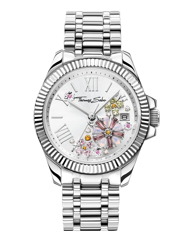 Thomas Sabo Damen Damenuhr Blumen aus pastellfarbenen Steinen silberfarben, Edelstahl Mehrfarbige
