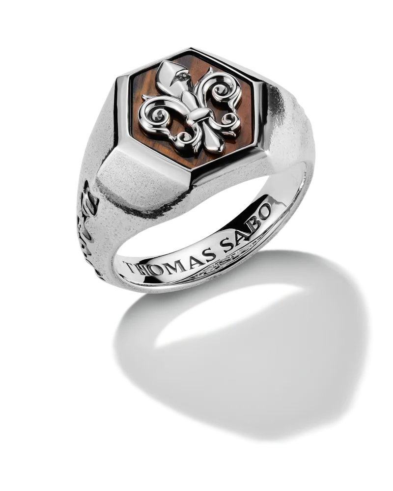 Thomas Sabo Herren Siegelring mit Lilien-Emblem Gold-Blau Rebel Icons Silber, Sterlingsilber geschwärzt Blau