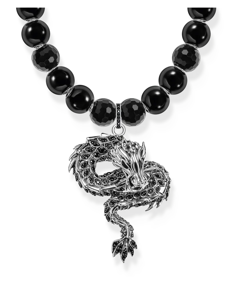 Thomas Sabo Herren Kette aus Obsidian-Beads mit Drachen-Anhänger geschwärzt, Sterlingsilber Schwarz