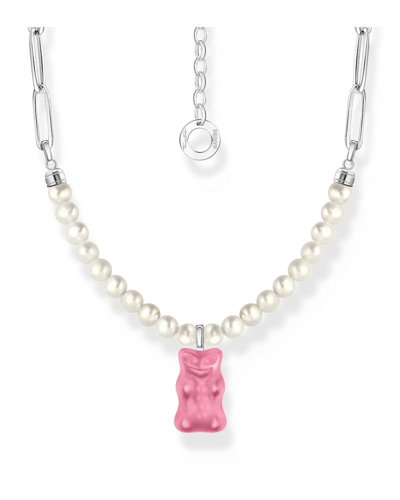 Thomas Sabo Damen Gliederkette mit pinkem Goldbären-Anhänger und Perlen Silber, Sterlingsilber Pink