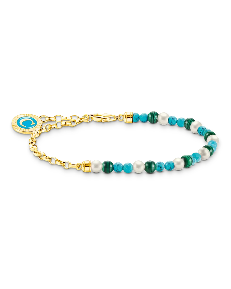 Thomas Sabo Damen Charm-Armband mit weißen Perlen, Malachit und Coin vergoldet, 925 Sterlingsilber vergoldet Gelbgold/ imitierter Malachit, Charm Club Collection Gelbgoldfarben