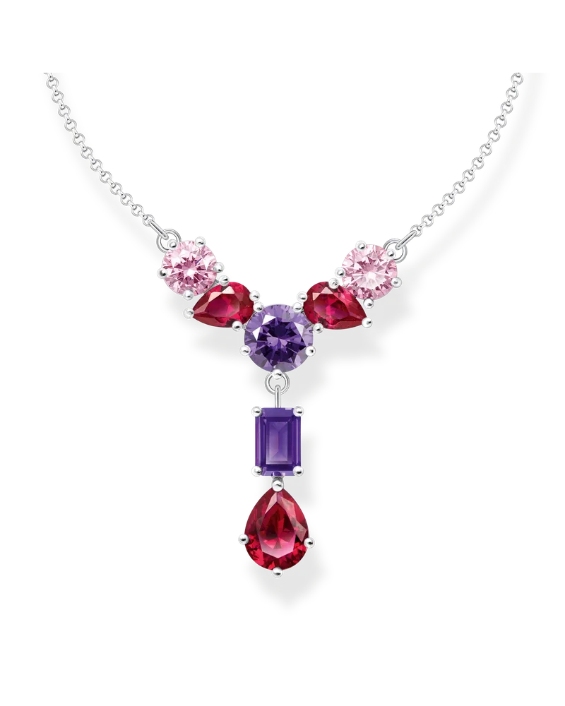 Thomas Sabo Damen Halskette im Y-Stil mit sieben bunten Steinen Silber, 925 Sterlingsilber/ Glas-Keramik Stein/ synthetischer Korund/ Zirkonia Pink