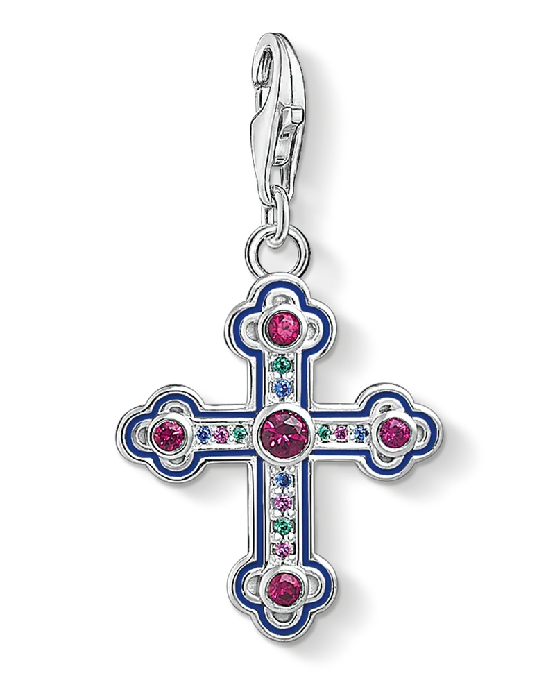 Thomas Sabo Damen Charm-Anhänger viktorianisches Kreuz, 925 Sterlingsilber geschwärzt/ Kaltemail/ synthetischer Korund/ synthetischer Spinell/ Zirkonia, Charm Club Collection Dunkelblau