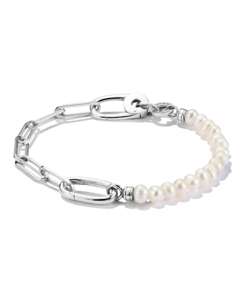 Thomas Sabo Damen Charm-Armband Paperclip und Perlen mit einem Connect Link Silber, Sterlingsilber Silberfarben