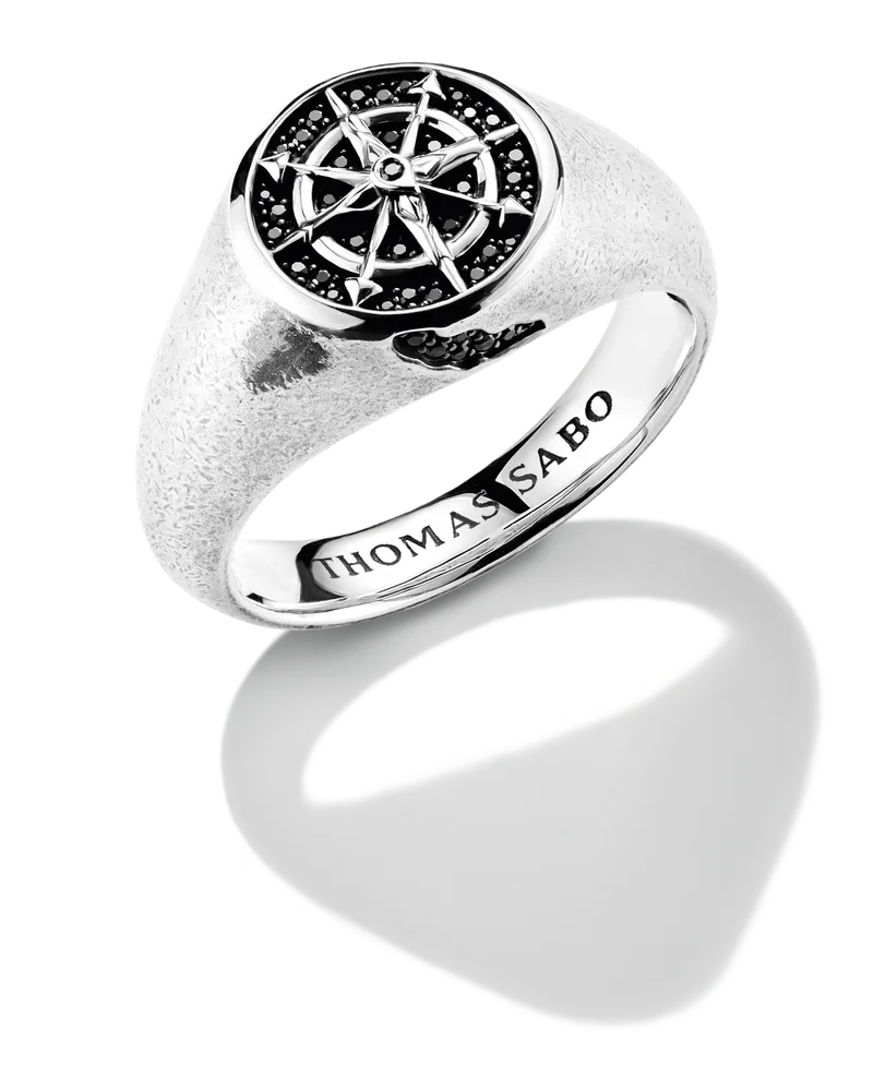 Thomas Sabo Herren Siegelring Kompass Zirkonia Rebel Icons Silber, Sterlingsilber Schwarz