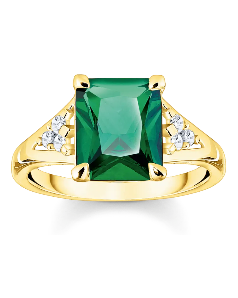 Thomas Sabo Damen Ring mit grünen und weißen Steinen vergoldet, Sterlingsilber Gelbgold vergoldet Gelbgoldfarben