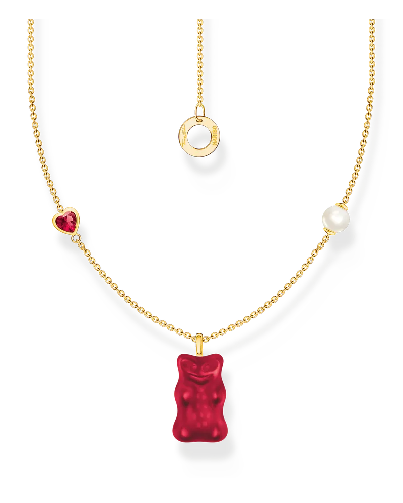 Thomas Sabo Damen Kette mit rotem Goldbären-Anhänger, Herz und Perle vergoldet, Sterlingsilber Gelbgold vergoldet Gelbgoldfarben