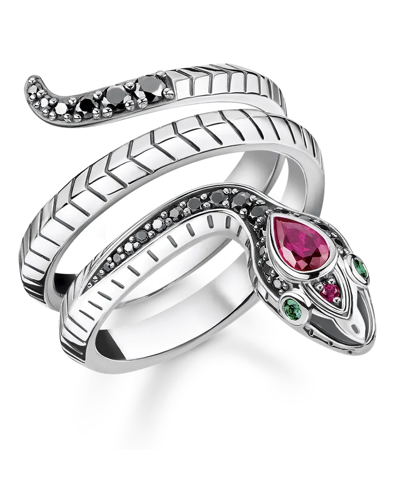 Thomas Sabo Damen Ring Schlange schwarze Steine, 925 Sterlingsilber, geschwärzt/ Glas-Keramik Stein/ synthetischer Korund/ Zirkonia Grün