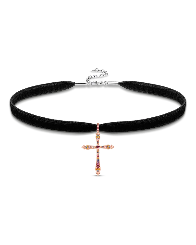 Thomas Sabo Damen Choker Royalty Kreuz, 925 Sterlingsilber vergoldet Roségold/ Glas-Keramik Stein/ Samt/ synthetischer Korund/ synthetischer Spinell/ Zirkonia Orange