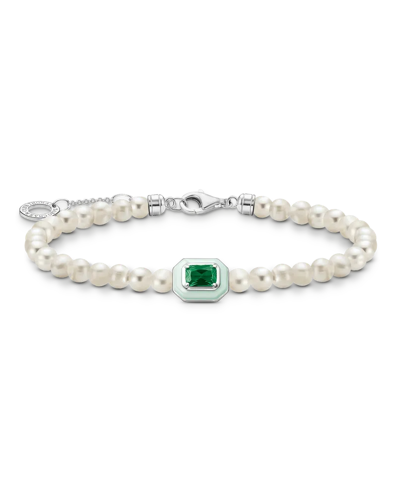 Thomas Sabo Damen Armband mit weißen Perlen und grünem Stein, Sterlingsilber, Charming Collection Grün