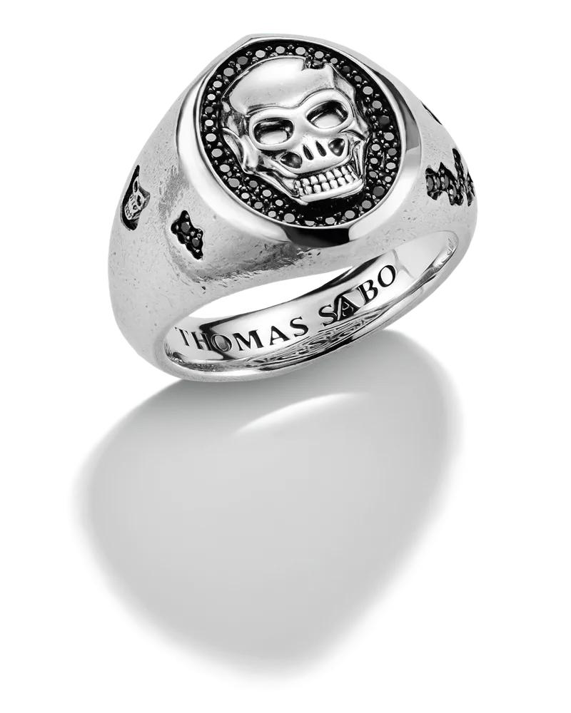 Thomas Sabo Herren Siegelring mit Totenkopf Rebel Icons Silber, Sterlingsilber Schwarz