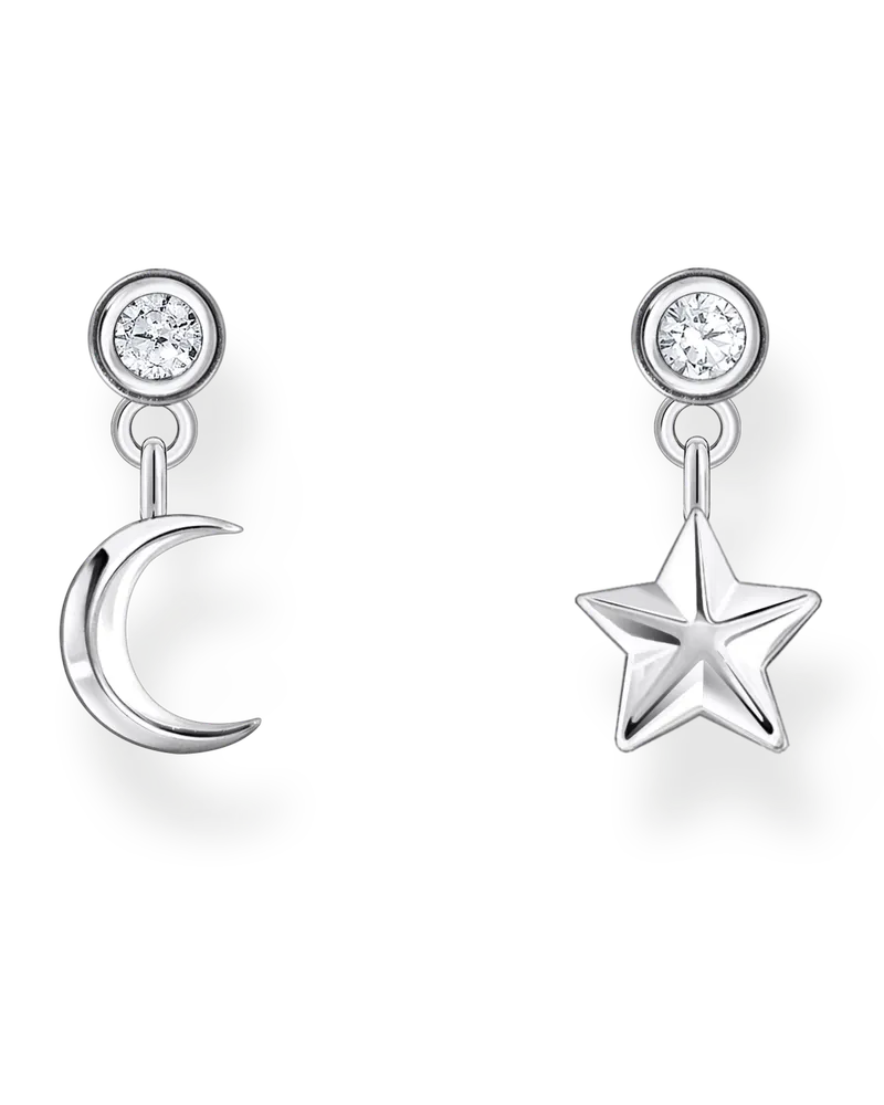Thomas Sabo Damen Ohrstecker mit Mond- und Stern-Anhänger und weißen Steinen Silber, Sterlingsilber Silberfarben