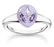 Ring Alienkopf mit Kaltemaille und violetten Steinen Silber