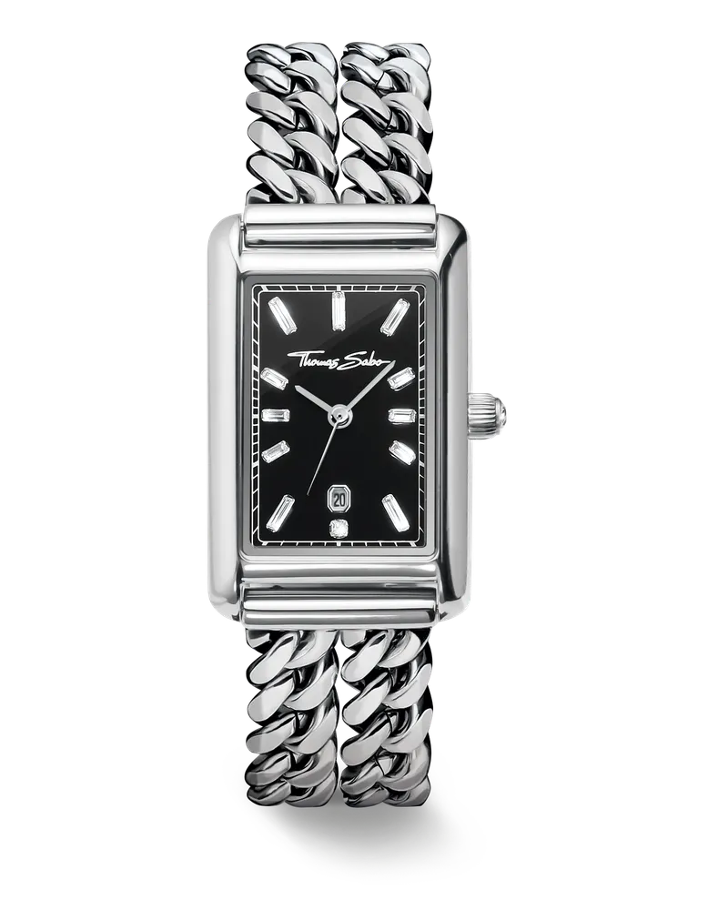 Thomas Sabo Damen Uhr Damenuhr Bold Elegance schwarz Ziffernblatt rechteckig Silberfarben, Edelstahl Schwarz