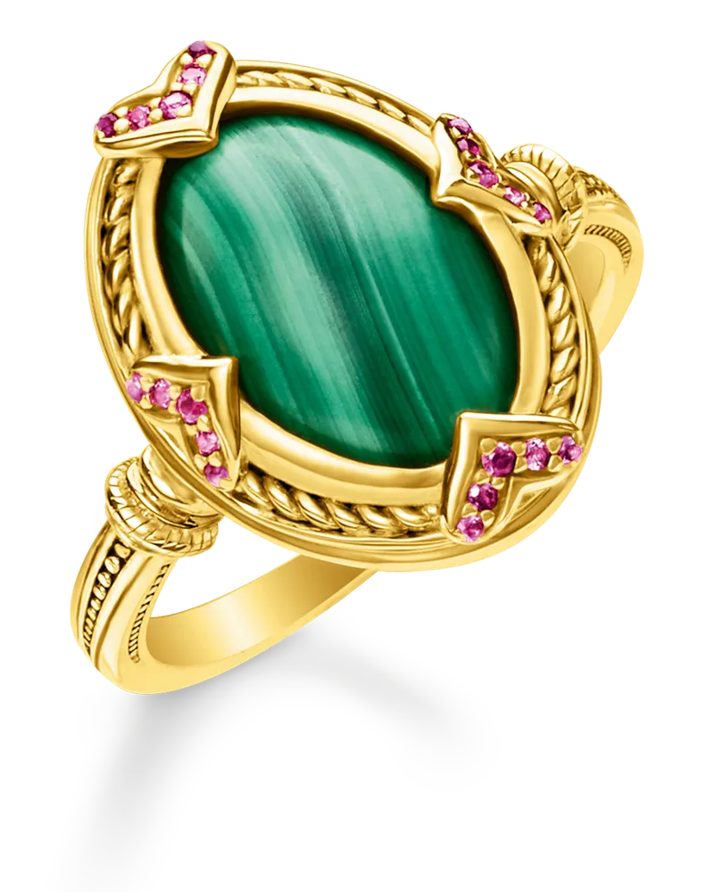 Thomas Sabo Damen Ring grüner Stein gold, 925 Sterlingsilber vergoldet Gelbgold/ imitierter Malachit Gelbgoldfarben