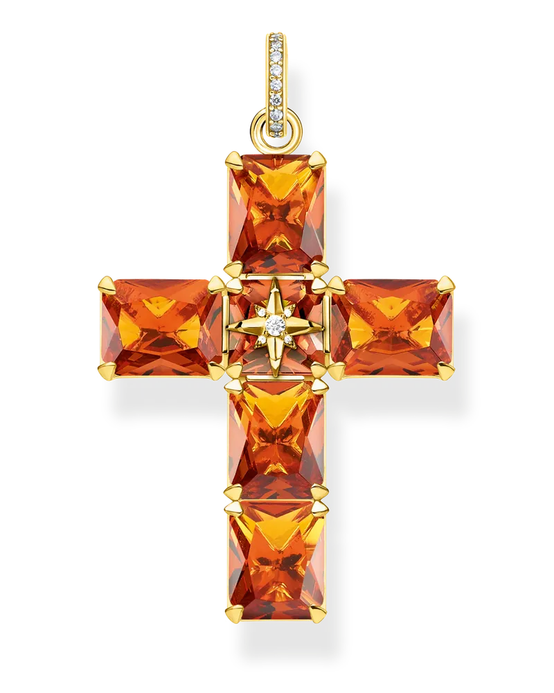 Thomas Sabo Damen Anhänger Kreuz mit großen orangen Steinen und Stern vergoldet, Sterlingsilber Gelbgold vergoldet Gelbgoldfarben