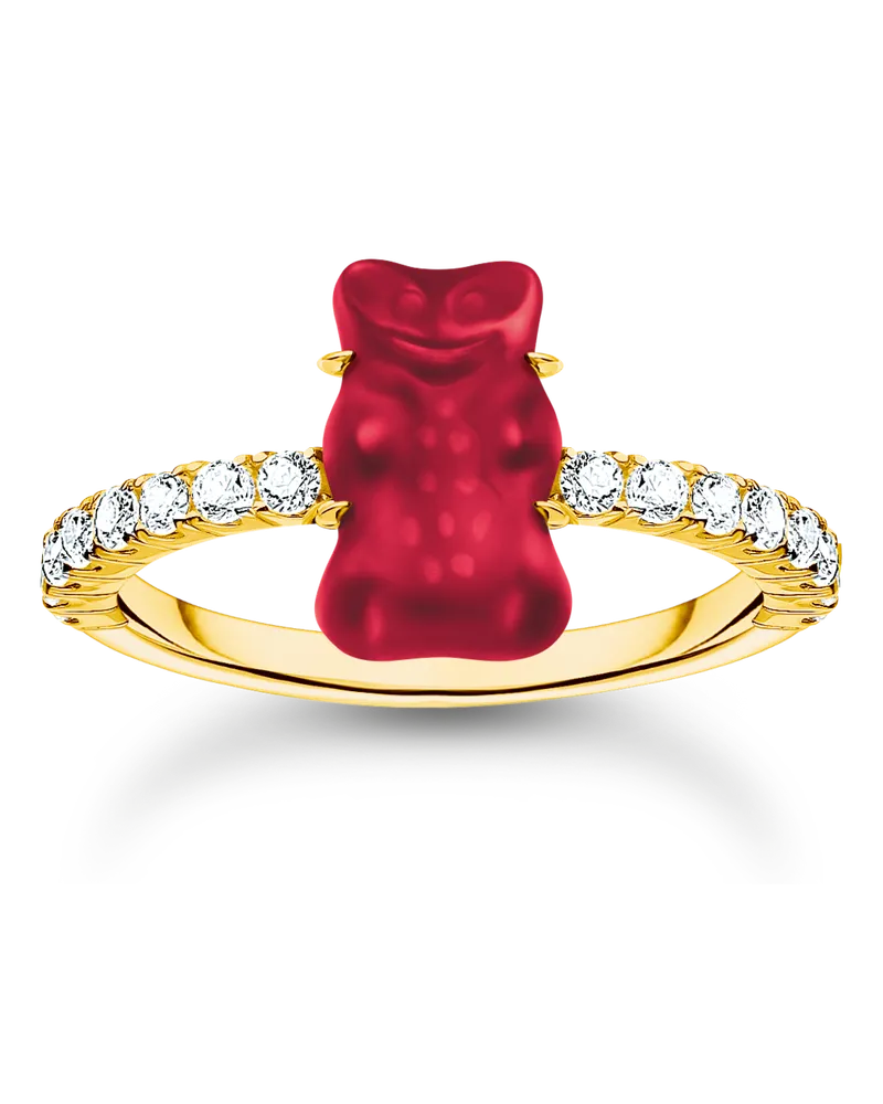 Thomas Sabo Damen Ring mit rotem Mini-Goldbären und Steinen vergoldet, Sterlingsilber Gelbgold vergoldet Gelbgoldfarben