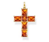 Anhänger Kreuz mit orangen Steinen und Stern vergoldet