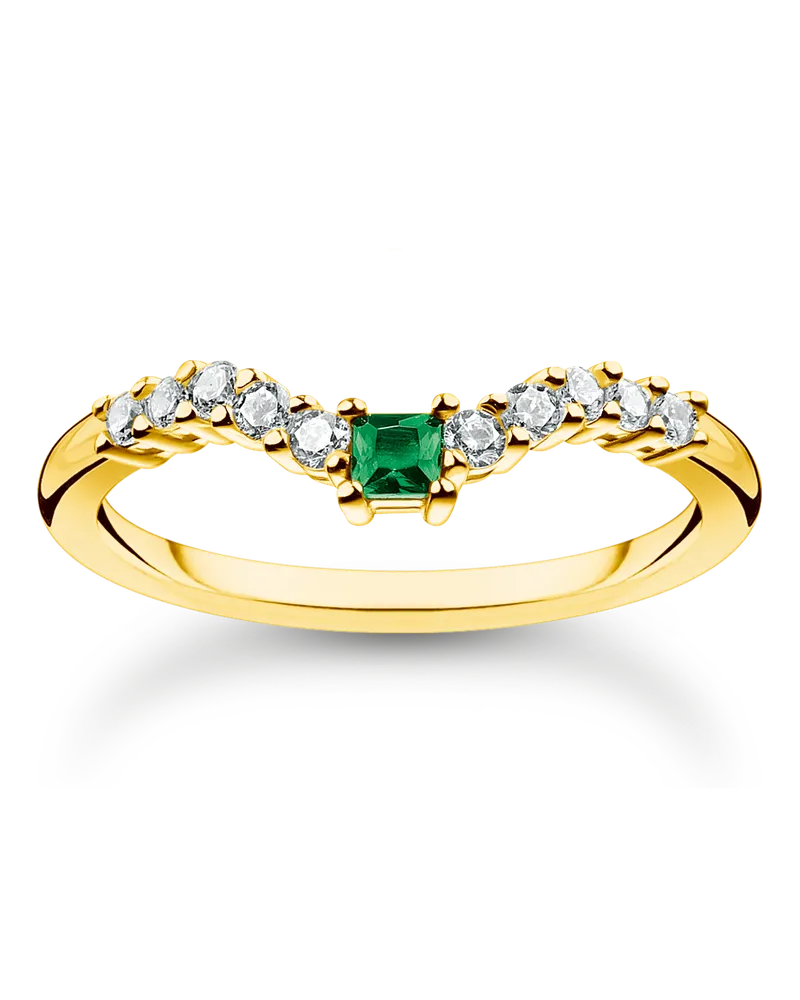 Thomas Sabo Damen Ring grüner Stein mit weißen Steinen gold, Sterlingsilber Gelbgold vergoldet, Charming Collection Gelbgoldfarben