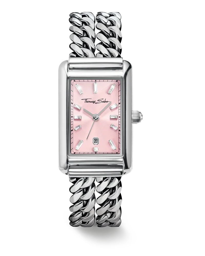 Thomas Sabo Damen Uhr Damenuhr Bold Elegance pink Ziffernblatt rechteckig Silberfarben, Edelstahl Pink