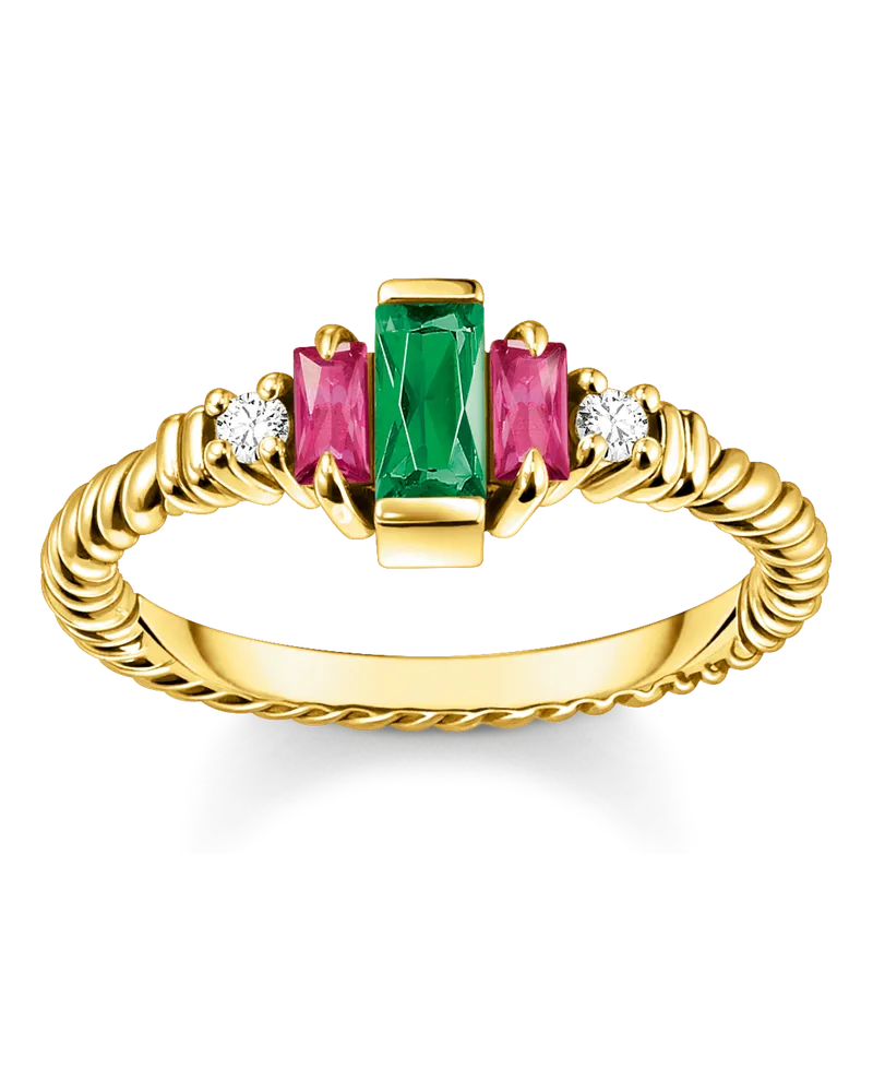 Thomas Sabo Damen Ring Kordel mit grünen und roten Steinen vergoldet, 925 Sterlingsilber vergoldet Gelbgold/ Glas-Keramik Stein/ synthetischer Korund/ Zirkonia Gelbgoldfarben