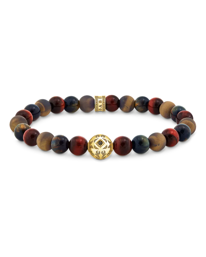 Thomas Sabo Herren Beads-Armband aus Tigerauge vergoldet, Sterlingsilber Gelbgold vergoldet Blau