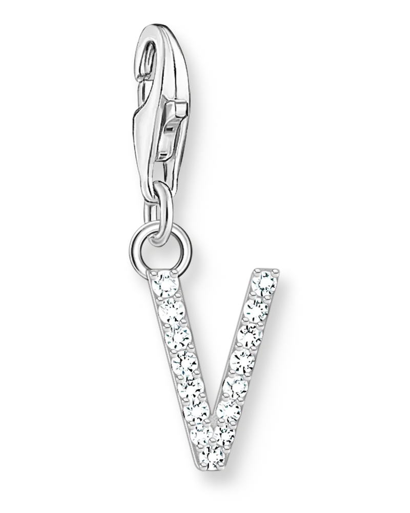 Thomas Sabo Damen Charm-Anhänger Buchstabe V mit weißen Steinen Silber, Sterlingsilber, Charm Club Collection Silberfarben