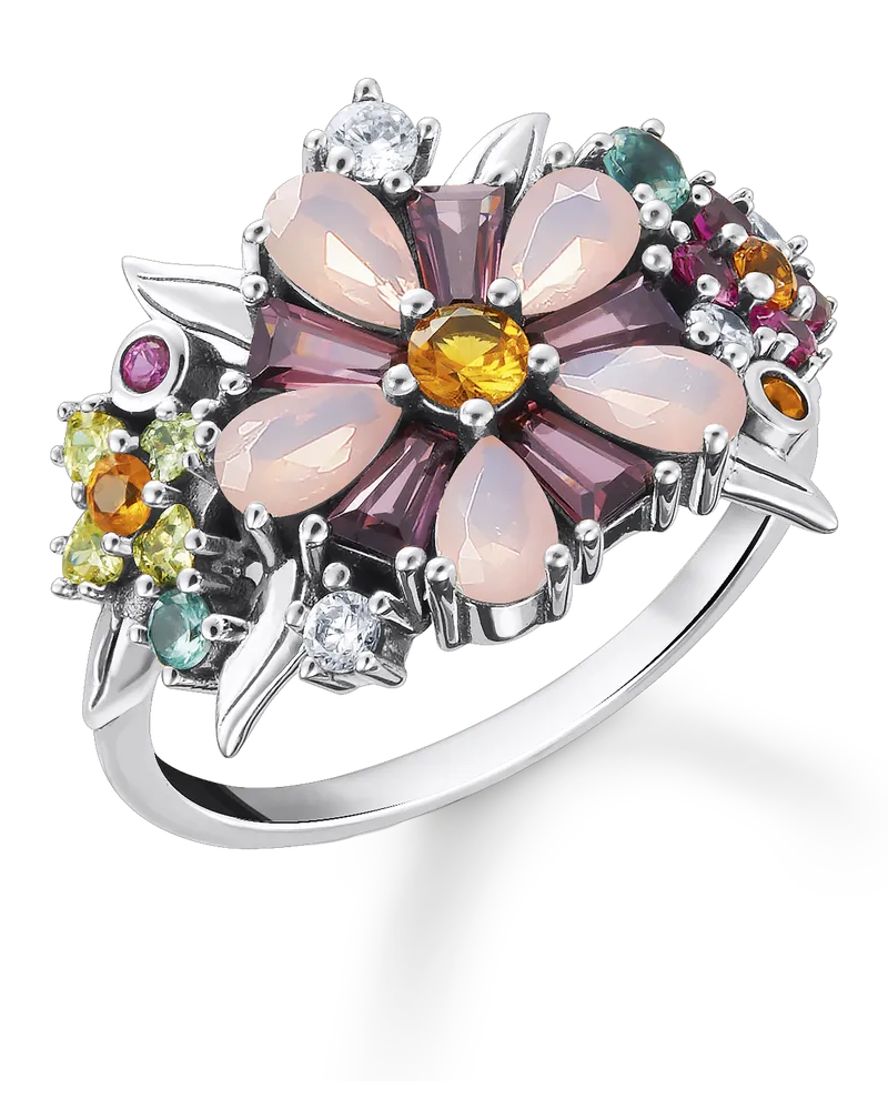 Thomas Sabo Damen Ring Blumen farbige Steine silber, 925 Sterlingsilber, geschwärzt/ Glas-Keramik Stein/ synthetischer Korund/ Zirkonia Grün