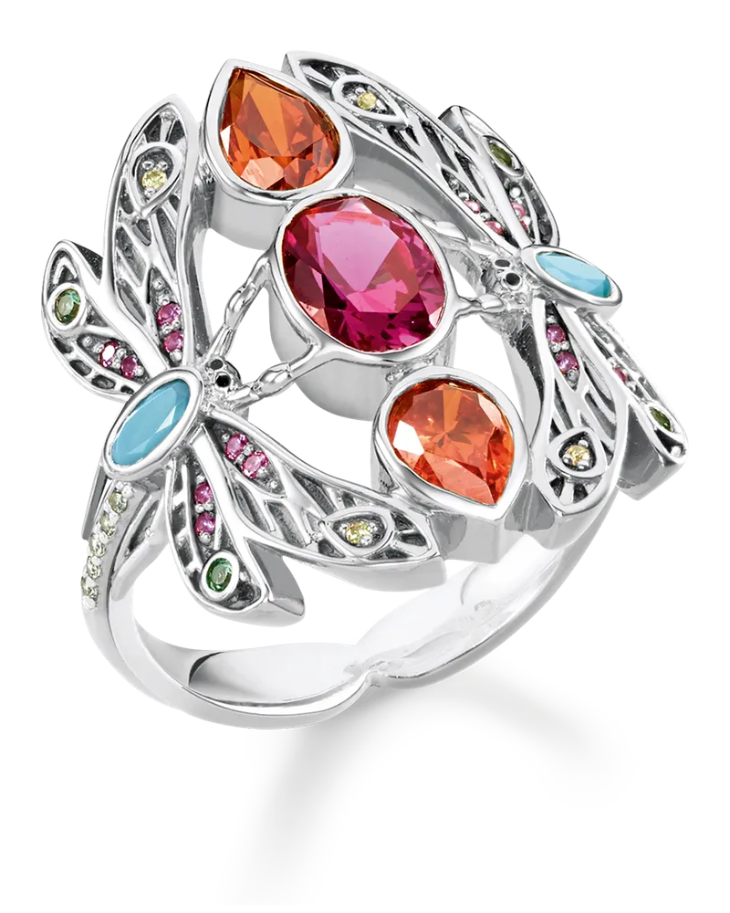 Thomas Sabo Damen Ring Libelle, 925 Sterlingsilber geschwärzt/ Glas-Keramik Stein/ Kaltemail/ synthetischer Korund/ Zirkonia Orange