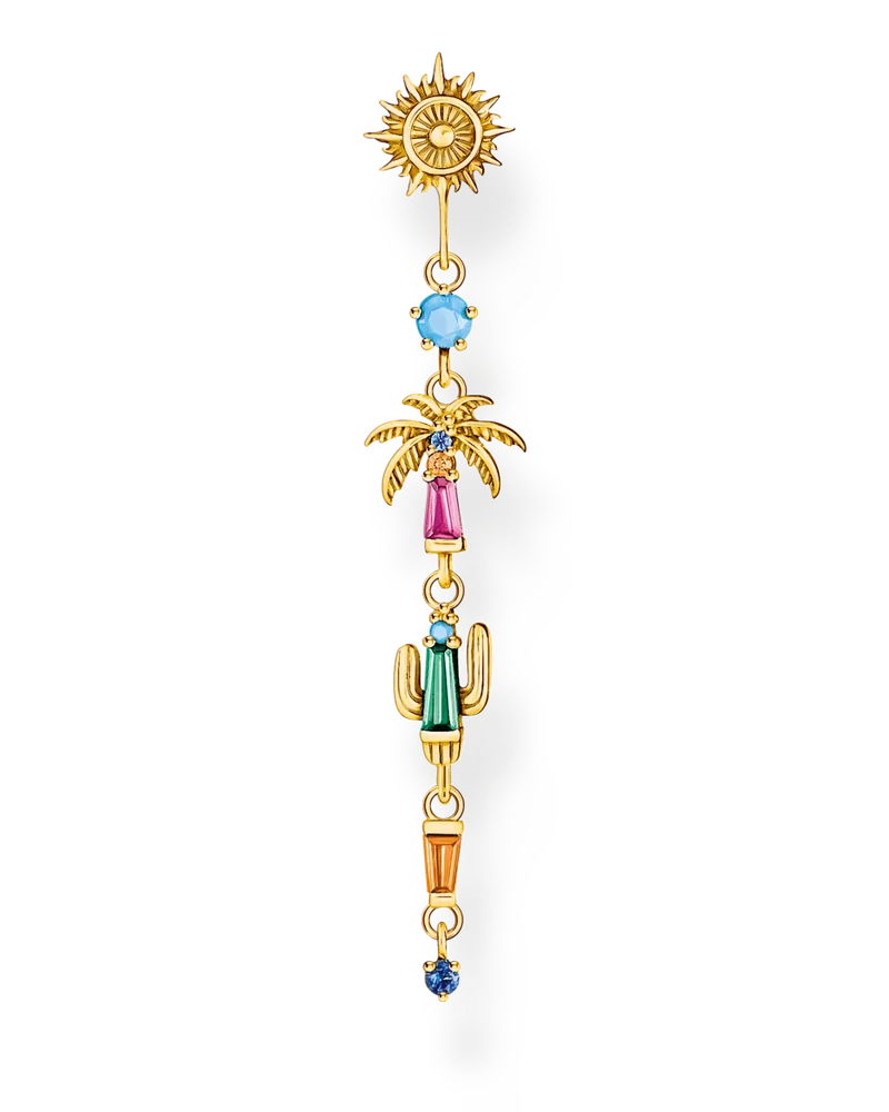 Thomas Sabo Damen Einzel-Ohrhänger Sonne, Palme und Kaktus mit bunten Steinen vergoldet, 925 Sterlingsilber vergoldet Gelbgold/ Glas-Keramik Stein/ synthetischer Korund/ Zirkonia, Charming Collection Blau