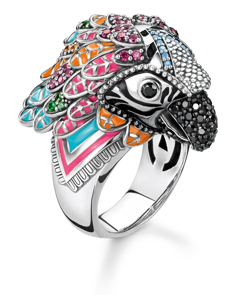Thomas Sabo Damen Ring Papagei, 925 Sterlingsilber geschwärzt/ Glas-Keramik Stein/ Kaltemail/ synthetischer Korund/ Zirkonia Grün