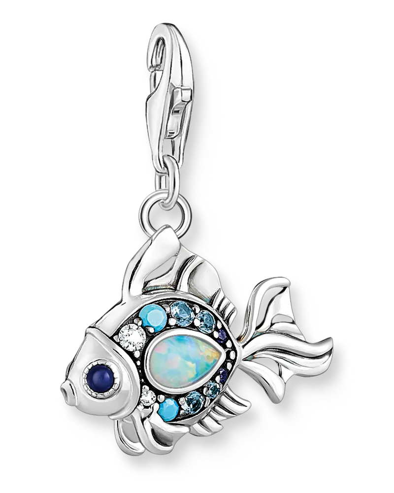 Thomas Sabo Damen Charm-Anhänger Fisch mit blauen Steinen silber, 925 Sterlingsilber geschwärzt/ Glas-Keramik Stein/ Zirkonia Dunkelblau