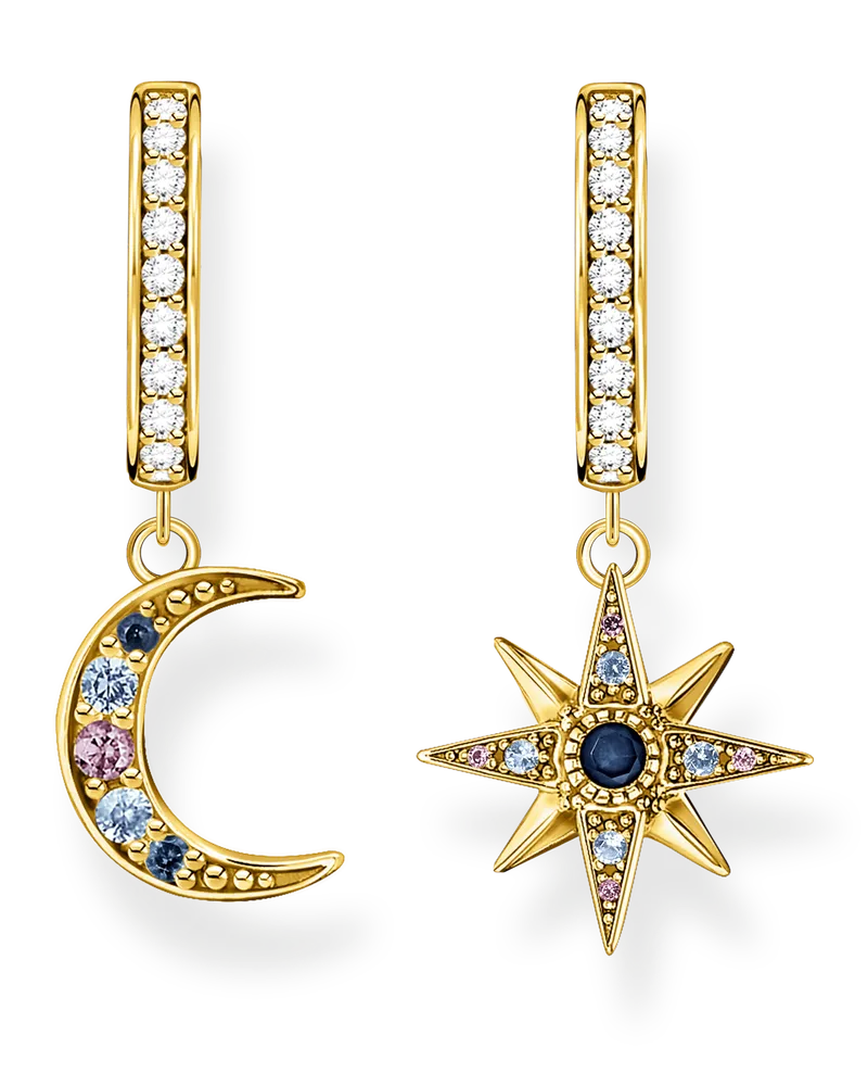 Thomas Sabo Damen Creolen Royalty Stern & Mond gold, 925 Sterlingsilber, vergoldet Gelbgold/ Glas-Keramik Stein Dunkelblau