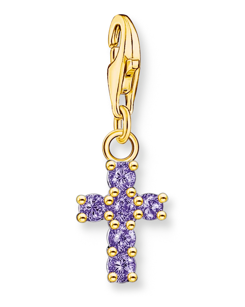 Thomas Sabo Damen Charm-Anhänger Kreuz mit violetten Steinen vergoldet, Sterlingsilber Gelbgold vergoldet, Charm Club Collection Gelbgoldfarben