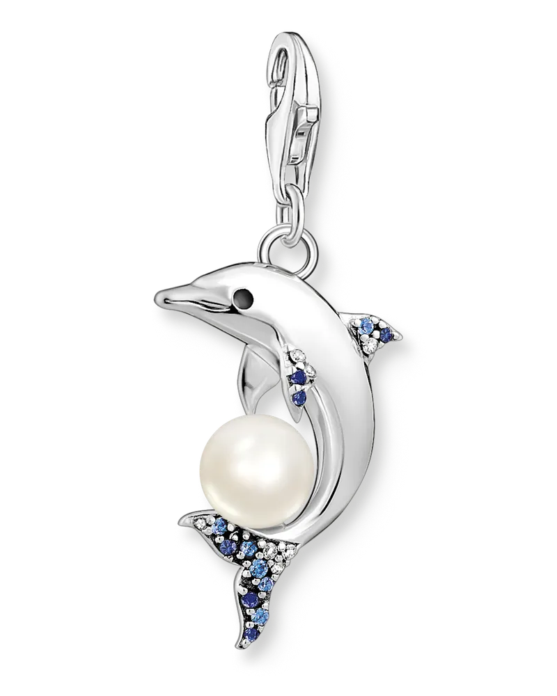 Thomas Sabo Damen Charm-Anhänger Delfin mit Perle silber, Sterlingsilber Dunkelblau