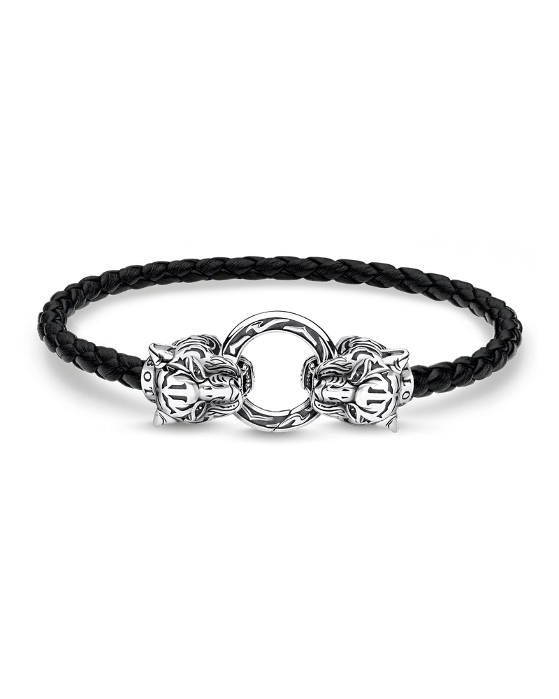 Thomas Sabo Herren Lederarmband Tiger, Sterlingsilber Schwarz