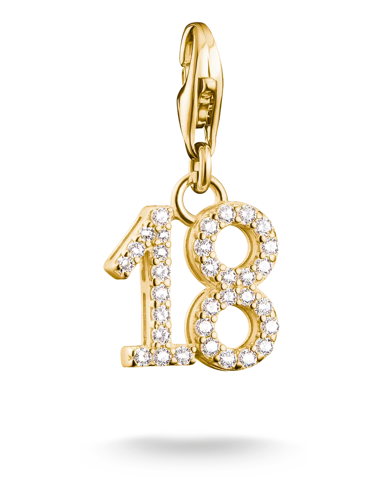 Thomas Sabo Damen Charm-Anhänger Zahl 18 mit weißen Steinen vergoldet, Sterlingsilber Gelbgold vergoldet, Charm Club Collection Gelbgoldfarben