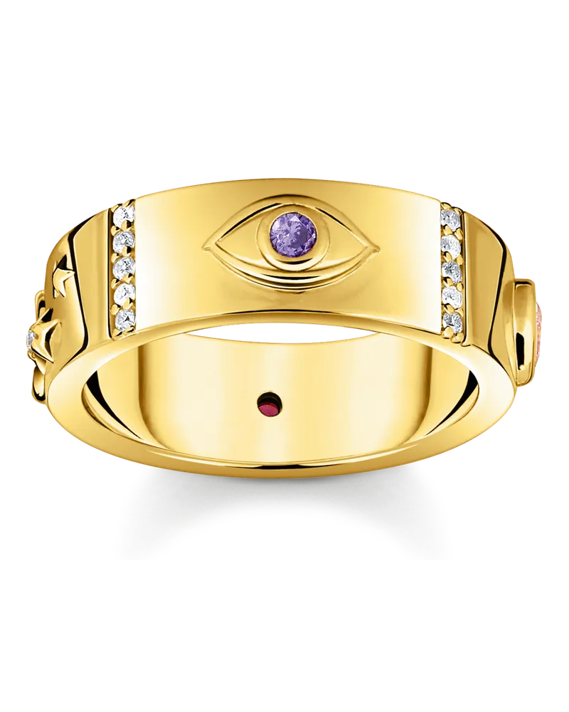Thomas Sabo Damen Ring mit kosmischen Symbolen und bunten Steinen vergoldet, Sterlingsilber Gelbgold vergoldet Gelbgoldfarben